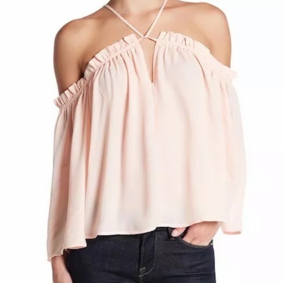 Peach blouse off the shoulder ruffle trim Small - Picture 1 of 5
